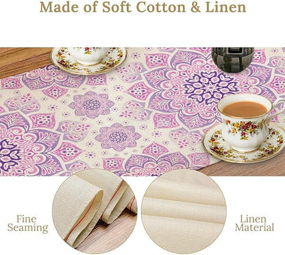 Purple Pink Mandala Table Runner, Traditional Indian Boho Mandala Flowers Print Table Runne for Kitchen Dining Table Office Wedding Party Holiday Home Decor, 13x60inch