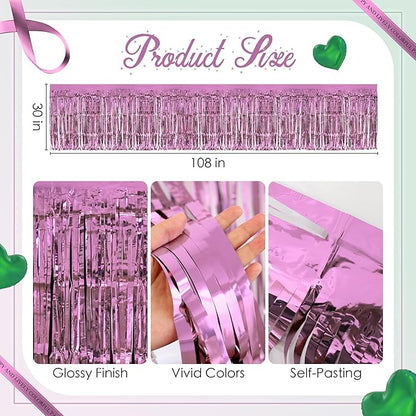 2 Pack Light Pink Green Table Skirts, 29x108" Metallic Foil Tinsel Fringe Table Skirt for Rectangle Tables Streamer Curtains Backdrop, Party Decorations for Birthdays, Weddings, Holidays
