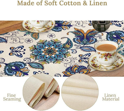 Oriental Paisley Table Runner, Luxury Vintage Blue Teal Floral Butterflies Print Table Runner for Home Dining Kitchen Coffee Table Party Decor, 13x36inch