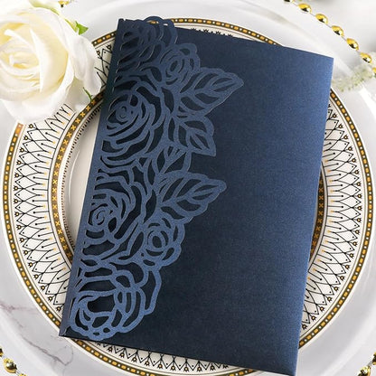 50pcs 250GSM Tri-Fold Wedding Invitations with Envelopes and RSVP Cards Laser Cut Hollow Wedding Invitation Kit for Wedding Engagement Bridal Shower Party Invite 5X7 Inch Navy Blue