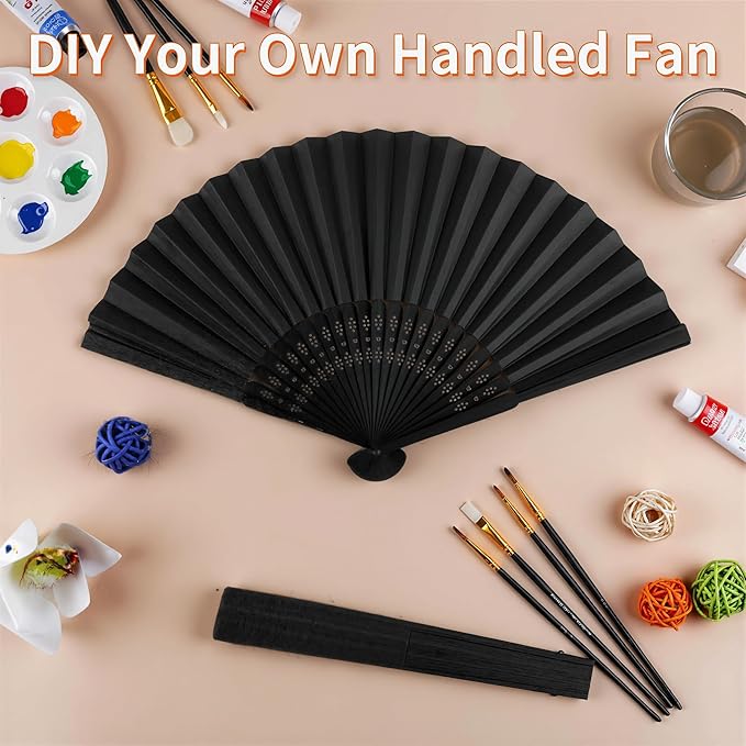 JOHOUSE 12 Packs 8.2 Inch Black Chinese Paper Foldable Hand Fan for Women - Wedding, Bridal Shower, Outdoor Party Favors, DIY Home Decor