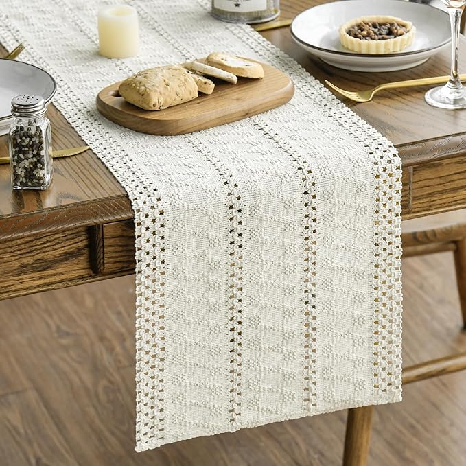 Artoid Mode Beige Farmhouse Woven Rustic Hollow Table Runner, Seasonal Holiday Kitchen Dining Table Decoration for Home Party Decor 12x36 Inch