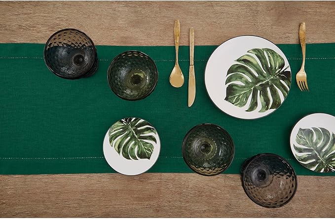 Solino Home Linen Rainforest Green Table Runner 144 Inches Long - 100% Pure Linen Extra Long Table Runner 14 x 144 Inch for Fall, Autumn, Thanksgiving - Classic Hemstitch