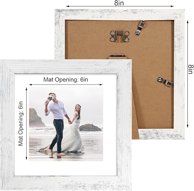 8x8 Picture Frames Set of 4 with Real Glass, Distressed White Frame Display 6x6 Pictures with Mat or 8 x 8 Without Mat, Wood Square Photo Frame for Wall Mount and Tabletop Display