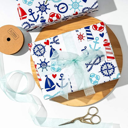 WRAPAHOLIC Nautical Anchors Wrapping Paper Roll - 17 Inch x 33 Feet - Nautical Element Anchor Design Perfect for Birthday, Nautical Beach Decoration, Baby Shower