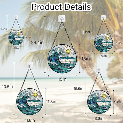 Stained Glass Window Hanging - Blue Green Waves Suncatcher for Door Terrace Garden Home Decor Sunrise Over The Sea Sun Catcher Birthday Gifts for Lovers Women Men Dad Mom Nana 11.8 in