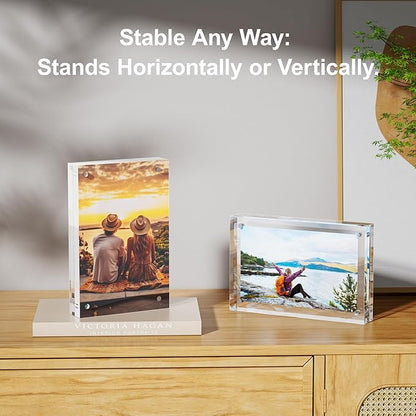 3 Pack 5x5 Acrylic Picture Frames - 20% Thicker Double Sided Magnetic Frame with UV Protection - Freestanding Clear Frameless Display for Tabletops - Modern Photo Frame Set for Home & Office Decor
