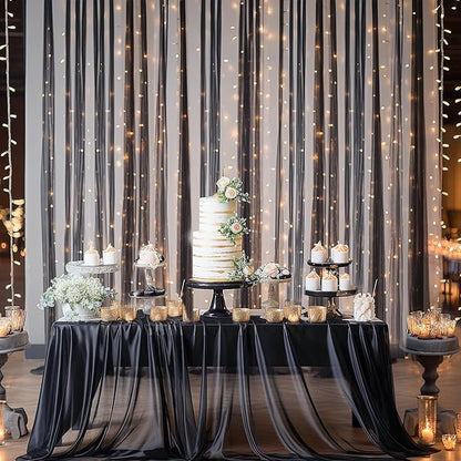 30×10ft Black Tulle Backdrop Curtain with Lights String for Parties, Sheer Curtain Backdrop Drapes for Wedding Party Photography Background