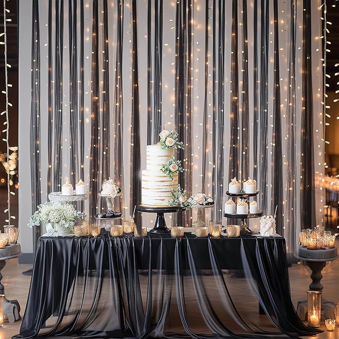 20×10ft Black Tulle Backdrop Curtain with Lights String for Parties, Sheer Photo Backdrop Curtains for Wedding Party Photography Background