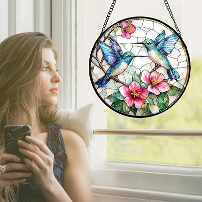Stained Glass Window Hanging - Blue White Hummingbirds Pink Flowers Suncatcher for Door Terrace Garden Home Decor Bird Sun Catcher Birthday Gifts for Lovers Women Men Dad Mom Nana 6.3 in
