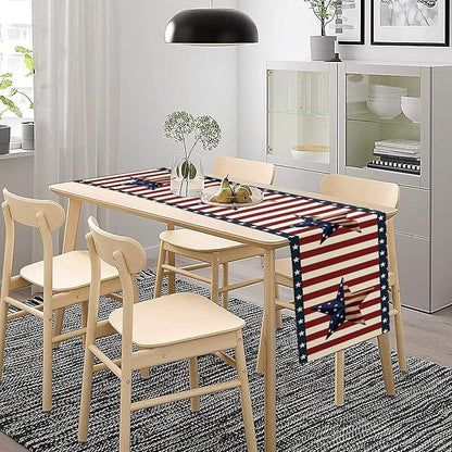 4th of July Table Runner, Patriotic Independence Day American Stars Stripes Flag Print Table Runner for Farmhouse Kitchen Dining Holiday Birthday Party, 13x90inch
