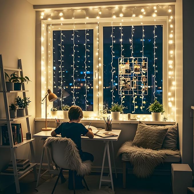 suddus Curtain Lights for Bedroom, 150 Led Hanging String Light Outdoor, Fairy Curtain Lights Indoor for Christmas, Dorm, Wall, Backdrop, Window, Wedding, Party, Birthday Decor, Warm White