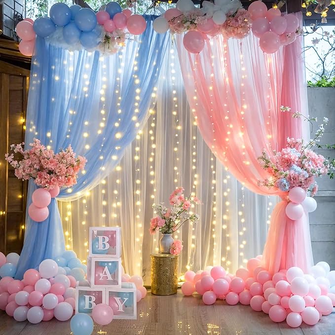 Pink and Blue Backdrop Curtains with Lights String for Baby Shower Sheer Tulle Backdrop Curtain for Gender Reveal Birthday Party Bridal Shower Photo Shoot Background Decorations 2 Panels 5×10ft