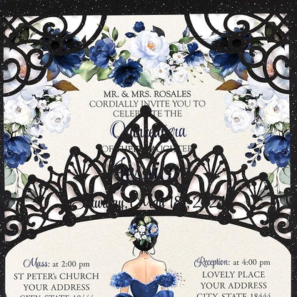 50Pcs Navy Blue Crown Invitations for Quinceanera, 15 year, Sweet 16, Miss XV, Birthday Laser Cut Quince Invitation Cards Personalized Pearlized Black