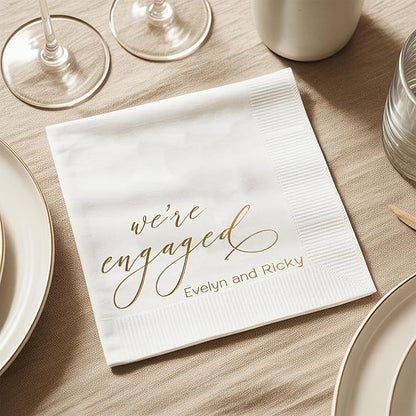 Luxury Personalized Engagement Napkins, We're Engaged, Custom Cocktail Napkins, Beverage Luncheon Cocktail Napkin For Reception, Napkin Decor for Engagement Party, Bridal Shower
