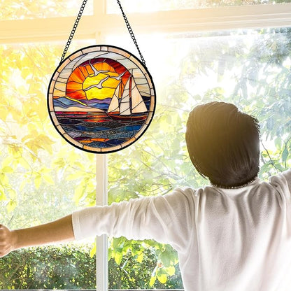 Stained Glass Window Hanging, Sun Ocean Sailboat Seagull Abstract Suncatcher Diamond Glass Panel Sun Catchers Decor for Birthday for Women, Men, Wife, Aunt, and Mom 7.8 in