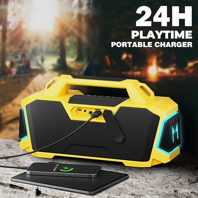 MusiBaby M1 Portable Bluetooth Speaker Yellow, Loud Stereo Sound Subwoofer Deep Bass, IPX6 Waterproof, 24H+ Playtime, Bluetooth 5.3, Dual Pairing Boombox for Outdoor Camping Hiking Party Shower