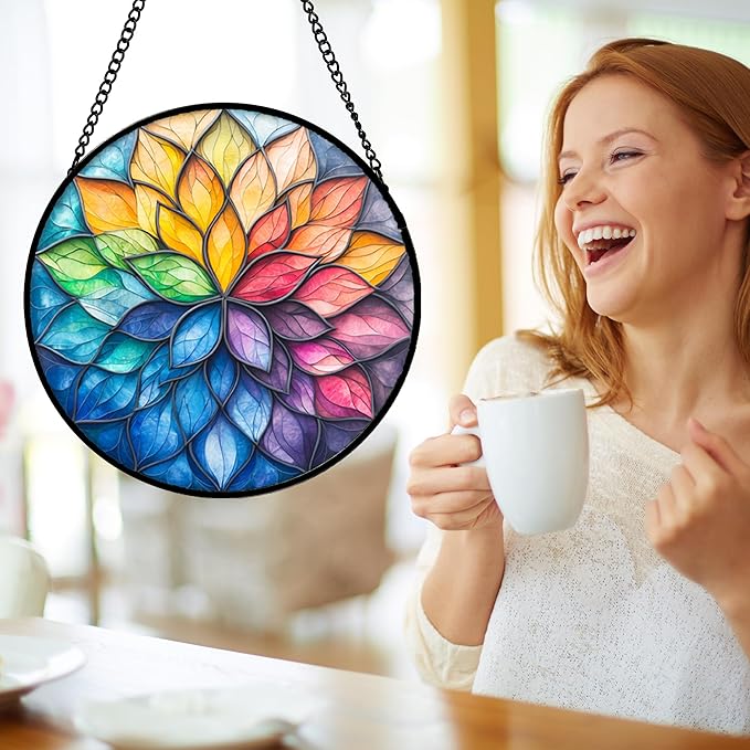 Stained Glass Window Hanging, Colorful Flower Petals Sun Catchers Diamond Glass Panel Hangings Suncatcher Decor for Birthday for Women, Men, Wife, Aunt, and Mom 14.9x14.9 in
