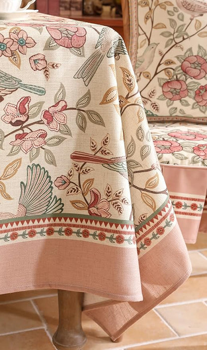 patdrea Designer Pink Linen Table Cloth for Rectangle Table,Vintage Floral with Birds Pattern Decorative Tablcloth,French Table Cover for Kitchen Dining,Thanksgiving,Christmas,63"x110"-Kulom a