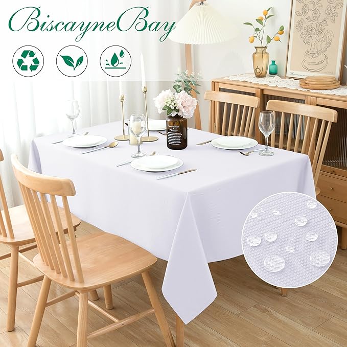 Biscaynebay Textured Fabric Tablecloths 70x120 Inches Rectangular, White Water Resistant Tablecloths for Dining, Kitchen, Wedding and Parties etc. Machine Washable