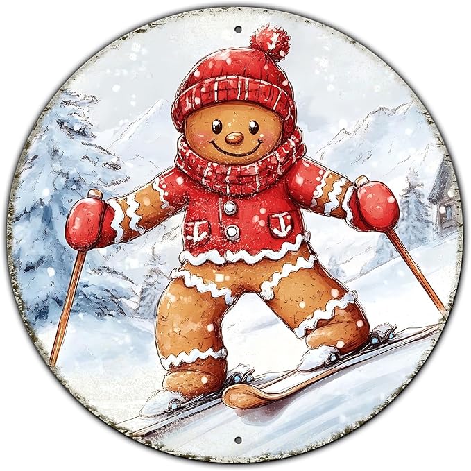 Round Gingerbread Man Ski Vintage Metal Sign Skiing Sign, Office Sign Home Décor Ski Lodge Décor Cabin Tin Sign 12 * 12 in