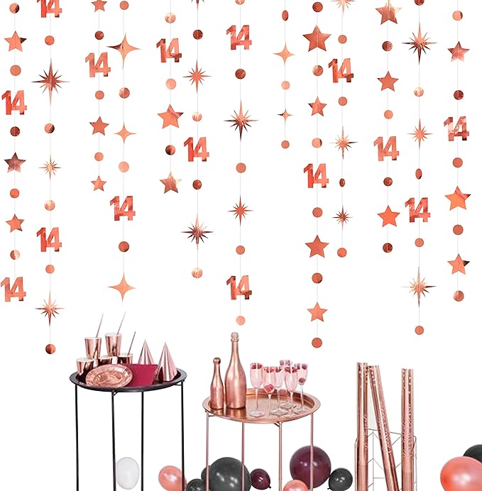 52Ft Rose Gold 14th Birthday Decorations Number 14 Circle Dot Star Garland Metallic Hanging Streamer Banner Backdrop for Girls Happy 14 Year Old Fabulous Birthday Fourteen Anniversary Party Supplies