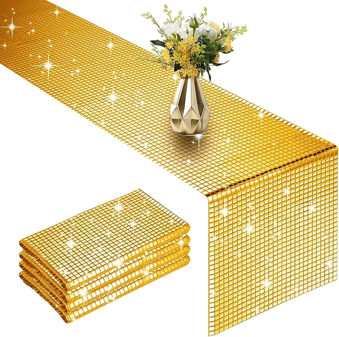 4 Packs Gold Disco Party Table Runner 12 x 108 Inches Mirror Glitter Table Runners for 70s 80s Disco Party Decorations Home Birthday Bachelorette Table Decorations