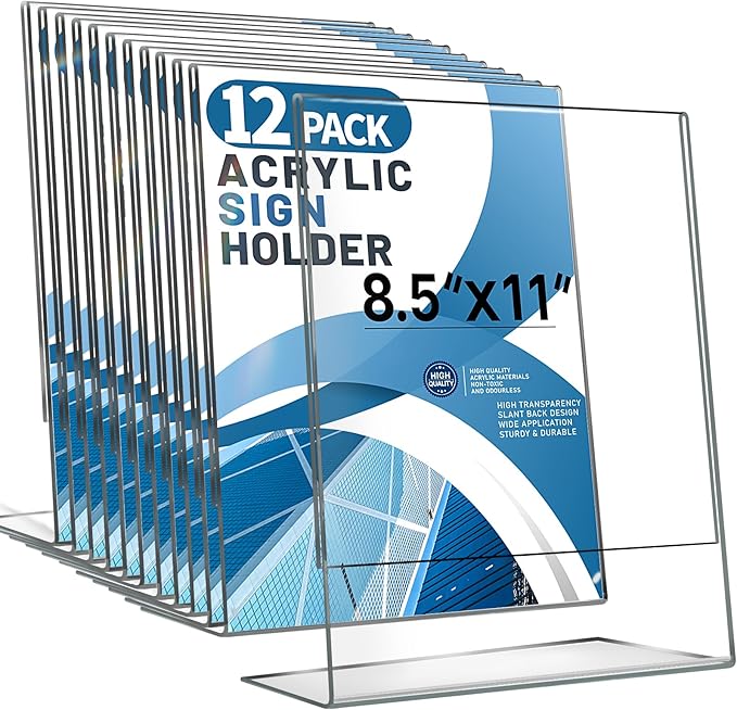 Aheroi 12 PCS Acrylic Sign Display Stands - 8.5 x 11, Clear Plastic Sign Holders for Paper Displays, Home Office Supplies