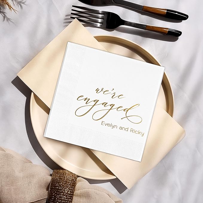 Luxury Personalized Engagement Napkins, We're Engaged, Custom Cocktail Napkins, Beverage Luncheon Cocktail Napkin For Reception, Napkin Decor for Engagement Party, Bridal Shower