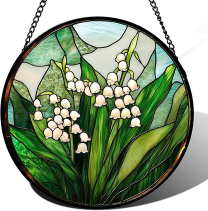 Stained Glass Window Hanging - White Green Lily of The Valley Suncatcher for Doors Garden Terrace Plant Sun Catchers Decor Mother's Day Birthday Flowers Gifts for Women Men Mom 9.8 in