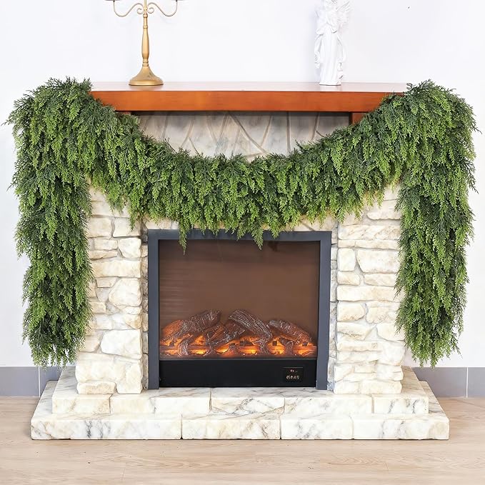 Christmas Cedar Garland - 5ft Artificial Cedar Garland Faux Lush Green Fake Pine Needles for Fireplace,Table,Window,Stairs,Mante,Holiday Indoor Outdoor Xmas Decor(2PCS)