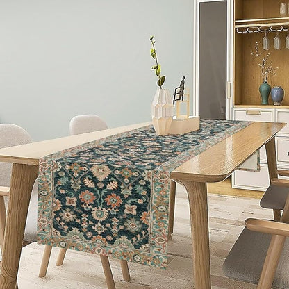 Vintage Boho Floral Table Runner, Rustic Country Farmhouse Blue Teal Red Bohemia Flower Pattern for Home Kitchen Table Decor Dining Coffee Room Party Decor 13x120in