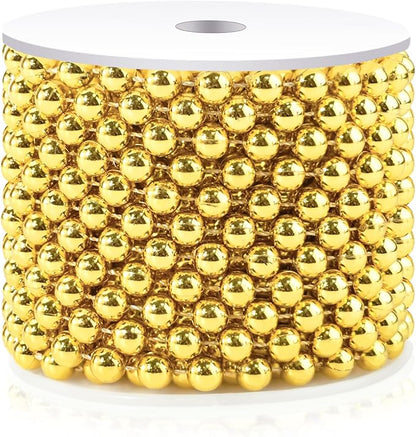 Craft String Pearls 8MM Pearl Bead, 33 Feet Gold Faux Pearl Garland Spool Roll Strand Wedding Party Decoration, Christmas Tree Decorations