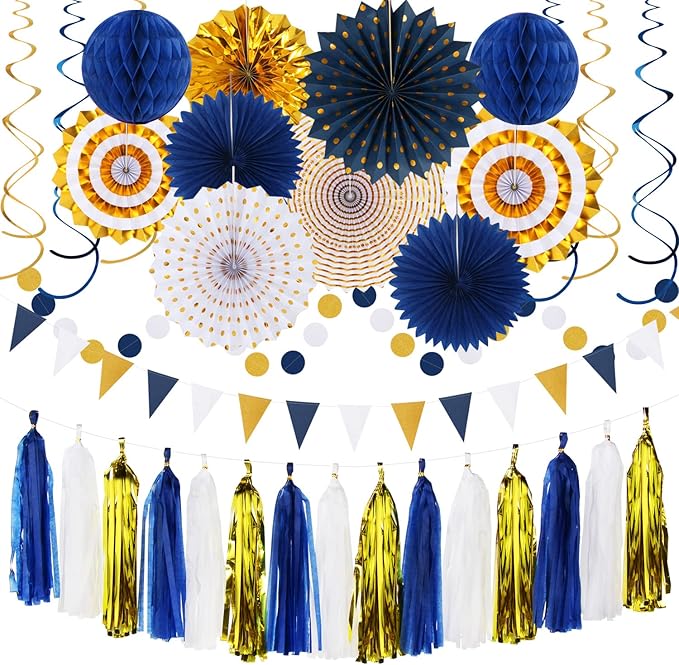 Navy-Blue White-Gold Graduation Party-Decorations - 33pcs Kits Banner, Streamers Tassel Garland,Tissue Pom Poms Honeycomb, Paper Lantern Fans,Wedding Birthday Baby Shower Backdrop Ceiling Decor Hugtmr