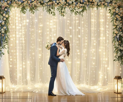 Ivory Tulle Backdrop Curtains with Lights String for Parites Wedding 20×8ft Ivory Sheer Backdrop Curtains for Baby Shower Birthday Party Photo Shoot Background Decorations(4 Panels 5ft×8ft)