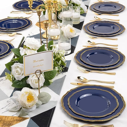 Hioasis 60pcs Blue Plastic Plates - Blue and Gold Disposable Dinnerware with Gold Rim, Heavy-duty, 7.5 inch, Dessert Plates for Party & Wedding
