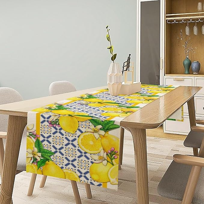 Lemon Table Runner,Spring Summer Seasonal Yellow Blue Table Runner for Kitchen Dining Table Home Party Decoration 13x108 Inch