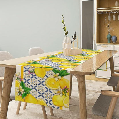 Lemon Table Runner,Spring Summer Seasonal Yellow Blue Table Runner for Kitchen Dining Table Home Party Decoration 13x108 Inch