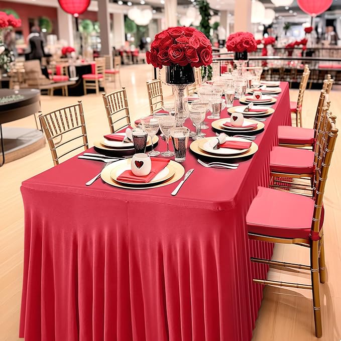 2 Pack Red Spandex Table Clothes for 8 Foot Rectangle Tables, 8FT Wrinkle Free Fitted Tablecloths Ruffles Design Stretch Table Cover for Party, Banquet, Wedding and Events