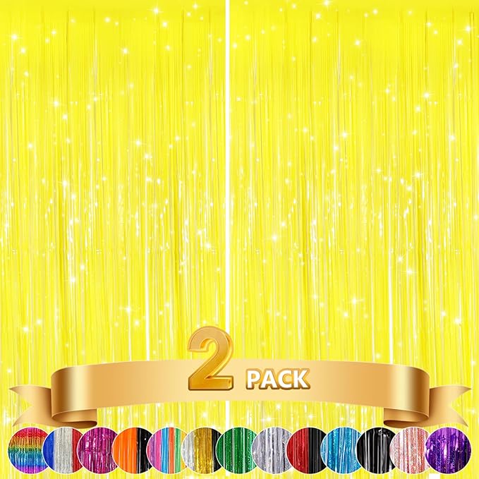 GCB 2Pack Macaron Yellow Metallic Tinsel Foil Fringe Curtains, Door Streamers Photo Booth Backdrop for Birthday Party, Tinsel Curtain Backdrop for Baby Shower Bachelorette Christmas Party Decorations