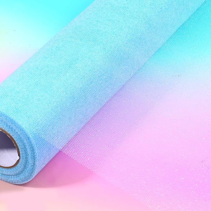 Sparkling Tulle Rolls, 15” by 30 Yards (90FT) Glitter Tulle Spool Ribbon Fabric for Wedding Birthday Bridal Shower Tutu Skirt Party Gift Wrapping (Light Blue)
