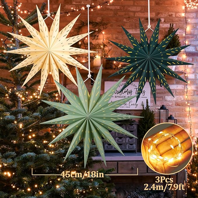 3Pcs 14-Pointed 18 Inch Paper Star Decorations Christmas Party Decorations Sage Green Yellow Hanging Star Decoration Hanging Lamp Shade for Christmas Home New Year Party