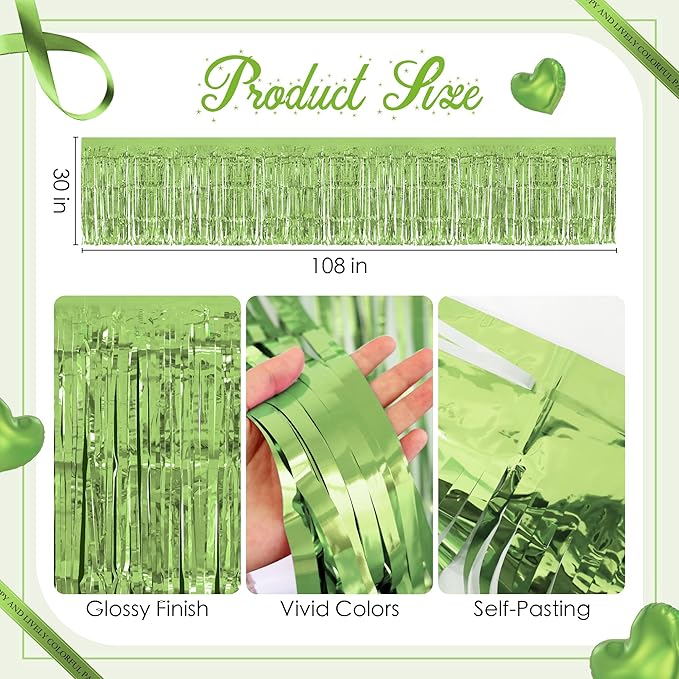 2 Pack Light Green Table Skirts, 29x108" Metallic Foil Tinsel Fringe Table Skirts for Rectangle Tables Streamer Curtains Backdrop, Party Decorations for Birthdays Weddings Holidays