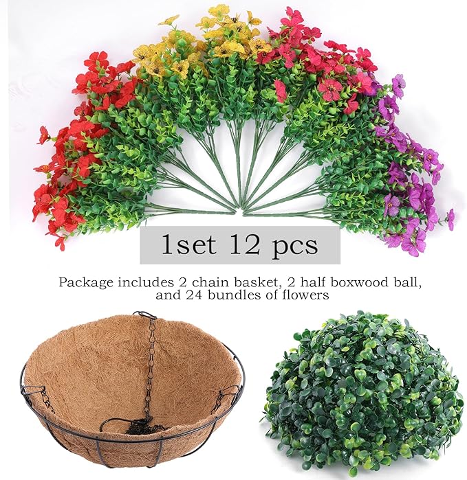 Hananona 2 Set Artificial Outdoor Flowers with Hanging Basket, 2 Hanging Planters with 24 Pcs Flowers for Spring Summer Front Porch Garden Patio Home Decor (2, Red, Purple, Yellow, Rose Red)