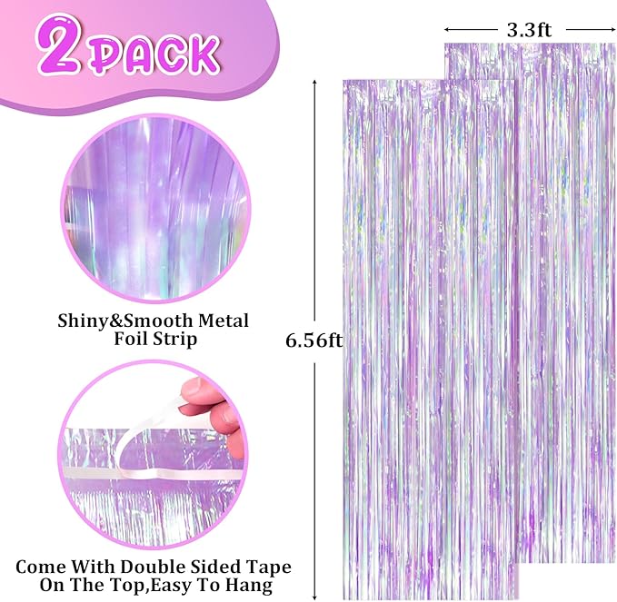 2 Pack Iridescent Purple Foil Fringe Curtains, Glittering Tinsel Streamers Party Decorations,Mermaid Fringe Backdrop for Gir's Birthday, Bachelorette, Baby Shower Theme Party