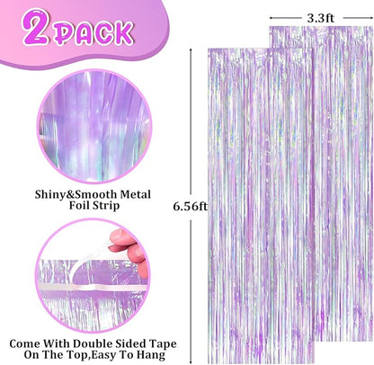 2 Pack Iridescent Purple Foil Fringe Curtains, Glittering Tinsel Streamers Party Decorations,Mermaid Fringe Backdrop for Gir's Birthday, Bachelorette, Baby Shower Theme Party