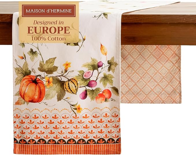 Maison d' Hermine Table Runner 100% Cotton Double Layer Table Runners 72 inches Long for Thanksgiving Christmas Decorations Home Kitchen Dining Wedding (Pumpkin Garden - Cloudy Cream, 14.5" x 72")