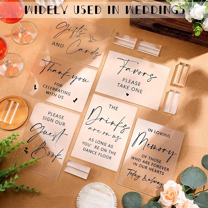Weysat 6 Pcs Clear Acrylic Wedding Signs for Reception and Ceremony 5'' x 7'' Wedding Signage with Stand in Loving Memory Table Decorations Cards and Gifts Guestbook Reserved Table Sign(Classic Style)
