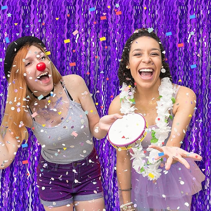 2 Pack Purple Backdrop Tinsel Foil Fringe Curtains Sparkle Metallic Wavy Foil Fringe Backdrop Curtain Photo Booth Props for Halloween Party Decorations Birthday Graduation Bachelorette