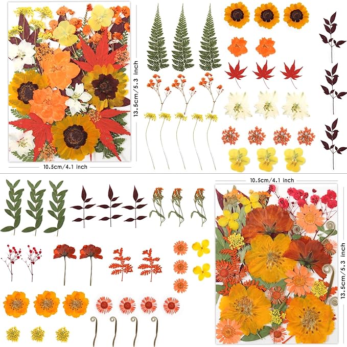 120 Pcs Dried Pressed Flowers for Crafts, Real Natural Flowers in Vibrant Yellow, Orange & Red Tones for Resin, DIY Art, Jewelry, Scrapbooking & Candle Making – Tweezers Included
